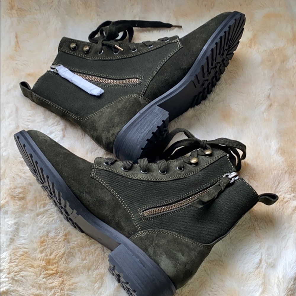 Hermilla Dark Green Combat Boots Size 7.5 – Suede & Canvas Lace-Up Ankle Boot - Picture 9 of 14